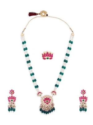 Juego de pendientes y anillos largos con diseño de loto Meenakari verde y rosa para mujer Foto 1 de 4