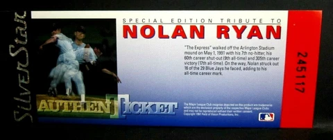 Nolan Ryan 1991 Field of Vision Productions 5.5"x2.25" Silver Ticket!Rangers HOF Cover