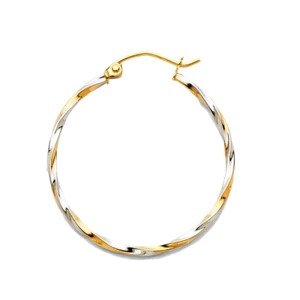 14K Two Tone Gold 1.5mm Twisted Tube Hoop Earrings - Picture 1 of 5