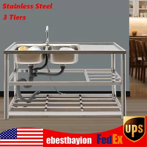 Stainless Steel Commercial Sink Utility Sink 2 Compartment Kitchen w/Prep Table - Picture 1 of 17