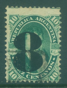 ARGENTINA 1877  Ribadavia  Surch. 8c /10c green  Scott 32 used F/VF - Picture 1 of 2