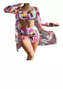 Women’s 3 Piece Swimsuits Board Shorts Bikini Set With Kimono Beach Coverup - Picture 1 of 7