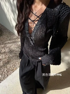 Korean Sexy V-neck Cross Lace Up T-shirt Y2K E-Girl Slim Fit Long Sleeve Top - Picture 1 of 10