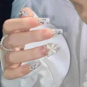 24 Pcs Fake Nails Press on Reusable Designs Set French Artificial Aurora Diamond - Picture 1 of 85