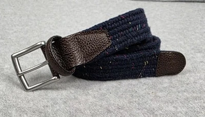 Cinturón Brooks Brothers vintage para hombre mediano azul marino marrón elástico tejido ribete de cuero Foto 1 de 4