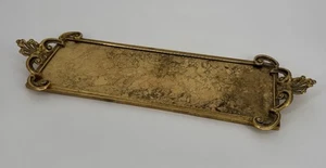 Vassoio vanità Ormolu oro vintage profumo lungo rettangolare manico vetro sovrapposizione - Foto 1 di 7