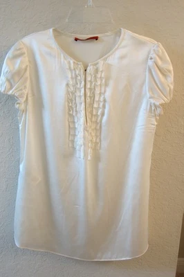 Carolina Herrera CH Mujer Blusa Seda Marfil Pequeño Delantero Volantes Manga Gorra Foto 1 de 3