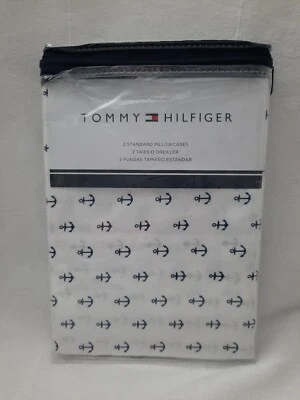 2 fronhas padrão Tommy Hilfiger azul branco com âncoras algodão náutico novo na embalagem - Imagem 1 de 4