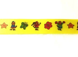 Vintage Woven Ribbon 7/8" Yellow Printed w/ Cat Butterfly Flower 30 yds RB106 - Picture 1 of 2