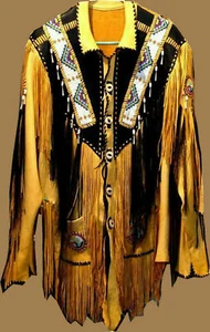 Chaqueta de cuero de gamuza hecha a mano para nativos americanos occidentales con flecos y cuentas trabajo - Imagen 1 de 5