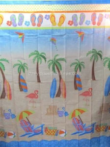 Tropical Bath Shower Curtain JUST BEACHY Flip Flops Surfboard Sand & Palm Trees - Picture 1 of 8