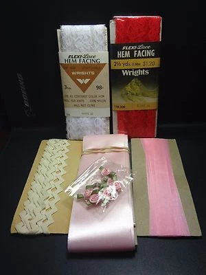 Lote de 4 cintas sesgadas vintage para costuras rick rack flores rosas dobladillo Foto 1 de 4