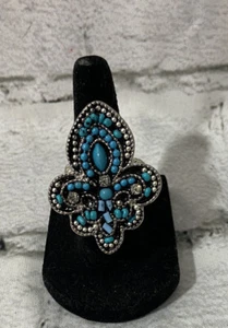 Fleur De Lis Statement Ring Turquoise Color And Silver Tone One Size Fits Most - Picture 1 of 5