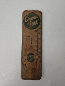 Orig Green Spot EMBOSSED Painted Metal Wall Advertising Thermometer 40s 16x5 in - Picture 1 of 3