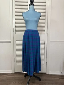 Vintage 70's Pendleton Pleated Midi Wool Skirt Green Blue Tartan Plaid USA 12 - Picture 1 of 6