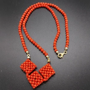 Coral beads necklace, natural red coral, Woven coral central, golden silver clas - Picture 1 of 7
