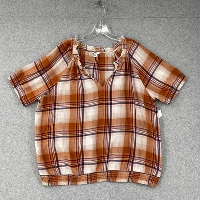 Blusa Pulôver Sonoma Top Feminina Plus XXL Marrom Xadrez Manga Curta Smocked - Imagem 1 de 4