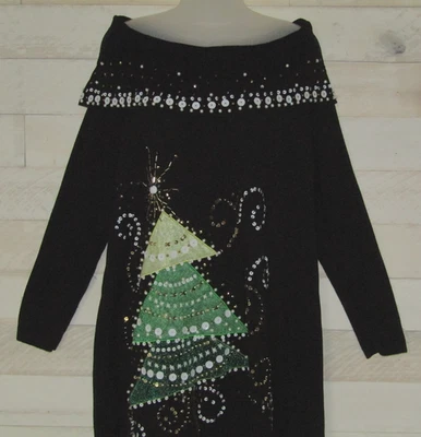 Suéter BEREK Navidad Apliques Adornado Lentejuelas Árbol Hombro Descubierto Para Mujer L Foto 1 de 4