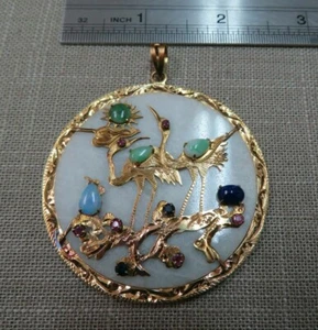 Vtg 14K Y Gold Crane Tree Design w/Lapis Opal Ruby Sapphire Jadeite Jade Pendant - Picture 1 of 12