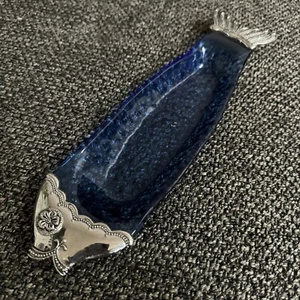 Pottery Barn Blue Glass Fish Dish Metallic Silver Head Find Decorative Tray - Picture 1 of 11