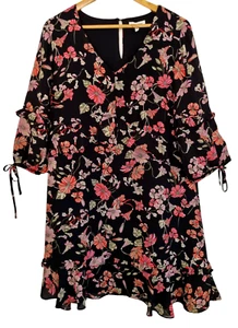 TABLE EIGHT Black Multicolour Floral Print Sleeve Tie V-Neck Midi Dress Size 14 - Picture 1 of 8