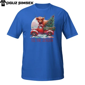 Funny Highland Cow Christmas T-Shirt | Tis The Season Red Truck Tee - Picture 1 of 31