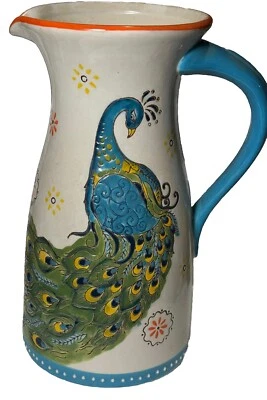Jarra de cerámica de pavo real de Ashland con detalles exclusivos turquesa/azul/naranja/blanco Foto 1 de 4