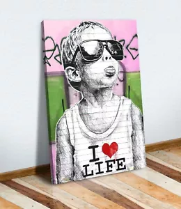 BANKSY I LOVE LIFE BOY LIENZO IMPRESIÓN DE PARED ARTE CALLEJERO OBRA DE ARTE ROSA VERDE - Imagen 1 de 7
