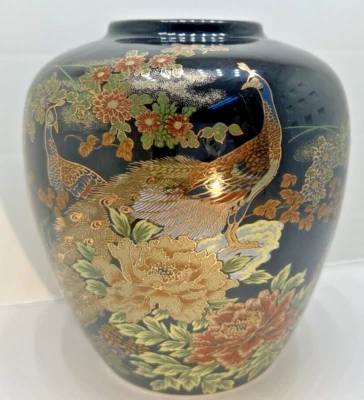 Peacocks Flowers Vintage Small Japanese Decor Black Ceramic Vase Japan VTG - Image 1 of 4