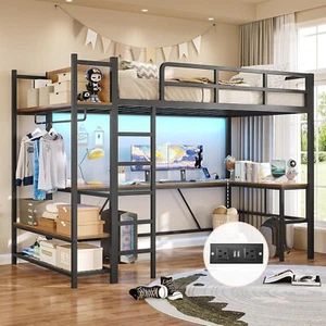 Twin Loft Bed with L-Shaped Desk, LED Lights and Clothes Rail, Modern Loft Bed - Picture 1 of 9