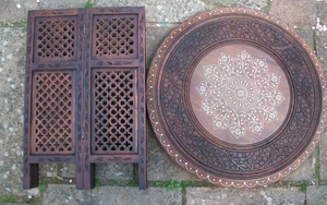 SUPERB  LARGE OCTAGONAL INLAID FOLDING  INDIAN   SIDE TABLE - Picture 1 of 8