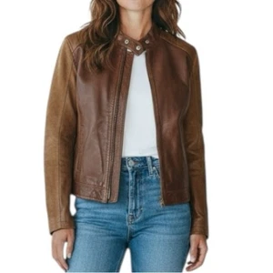 Chaqueta Bomber Vintage Gamuza y Cuero Marrón Claro Para Mujer Talla Grande Catherines - Imagen 1 de 9
