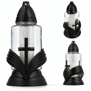 Grablicht Glas 30cm schwarz Kapelle Kreuz Grablaterne mit Einsatz - Bild 1 von 6