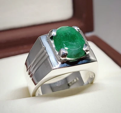 Mens Emerald Ring, Natural Beryl 925 Sterling Silver Ring, Zamurd Ring For Men - Image 1 of 4