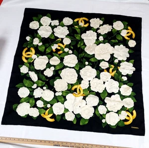 Chanel Silk camellia CC logo Scarf Black 34" X 34" hand rolled edge used no tag - Picture 1 of 9