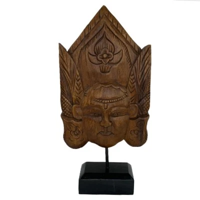 Máscara de cabeza de busto de flor de pluma tallada a mano de madera vintage con base de madera Foto 1 de 4