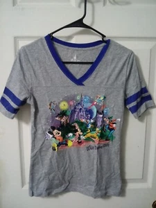 T-shirt Walt Disney World grigio/blu grafica scollo a V donna XS - Foto 1 di 4