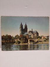 Vintage Unused Postcard Elbe River & Gothic-style Cathedral Magdeburg, Germany 