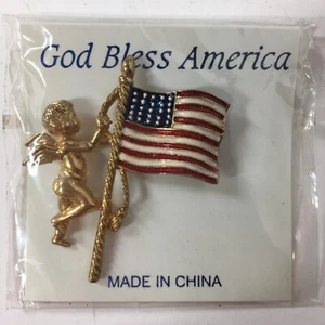 Angel Holding American Flag Gold Tone Pin God Bless America 2" X 1 3/4"  NEW - Picture 1 of 4