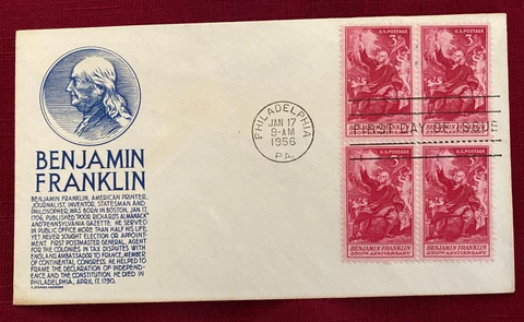 JOHN'S DEALS  - US - 1956 FDC SC #1073 - 3c FRANKLIN BLOCK OF 4 - ANDERSON BLUE Cover