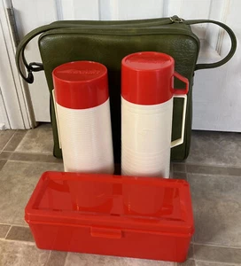 Vintage Aladdin Dura Clad, Hy-LO Thermos Picnic Set Leather Bag, Green - Picture 1 of 16