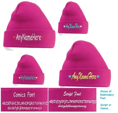 Girls Personalised Knitted Beanie Hat with Heart detail Any Name Embroidered - Image 1 of 4