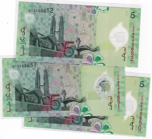 Mazuma *M4065 Malaysia Polymer Zeti 11th $5 EC8545650-652 3 Running UNC - Picture 1 of 2