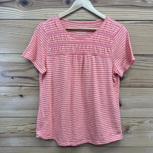 Talbots T Shirt Medium Orange PInk Stripe Smocked Top Tee Cotton Modal SS B112 - Picture 1 of 10