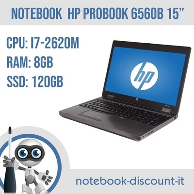 Notebook Hp Probook 6560B  15" Cpu i7-2620M Ram 8Gb  SSD 120Gb Win10  No WebCam - Immagine 1 di 4