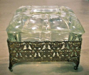 Vintage Gilded Metal Filigree Framed Glass Jewelry Box - Picture 1 of 7