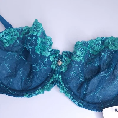 38D Sujetador de encaje transparente verde sin forro Sujetador de balcón Sujetadores de lujo Lencería europea Foto 1 de 4