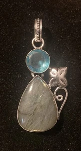 Labradorite 925 Sterling Silver Blue Topaz Flower Handmade Gemstone Pendant 2” - Picture 1 of 9