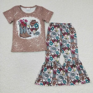 Country Little Girls Clothing Western Love Boots Bell Bottom Pants Boutique Set - Picture 1 of 18