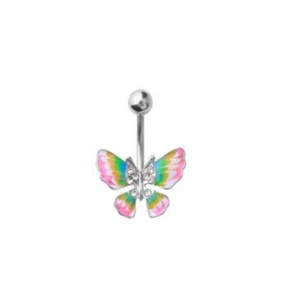 1 - 14 GA 3/8" Pink Green Butterfly CZ Mix Belly Button Navel Ring Dangle B631 - Picture 1 of 4